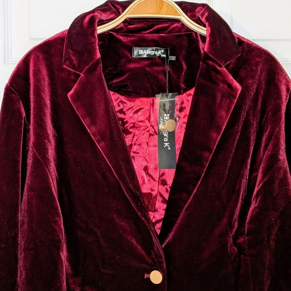 Allegra K Womens Velvet Blazer Burgundy Single Button Cropped Jacket XXXL‎ NWT